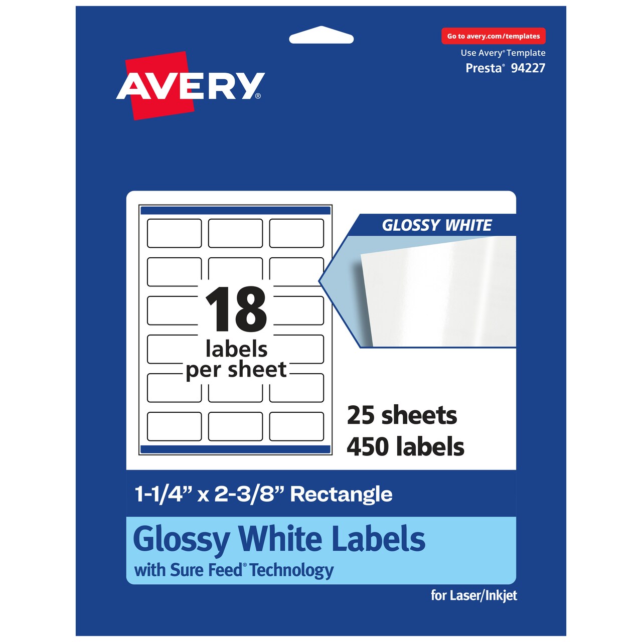 Avery Glossy White Rectangle Labels with Sure Feed, 1-1/4" x 2-3/8"